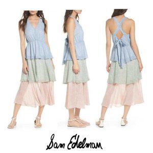 Sam Edelman Crisscross Open Back Tiered Maxi Dress, Size 12 Pink Blue Green
